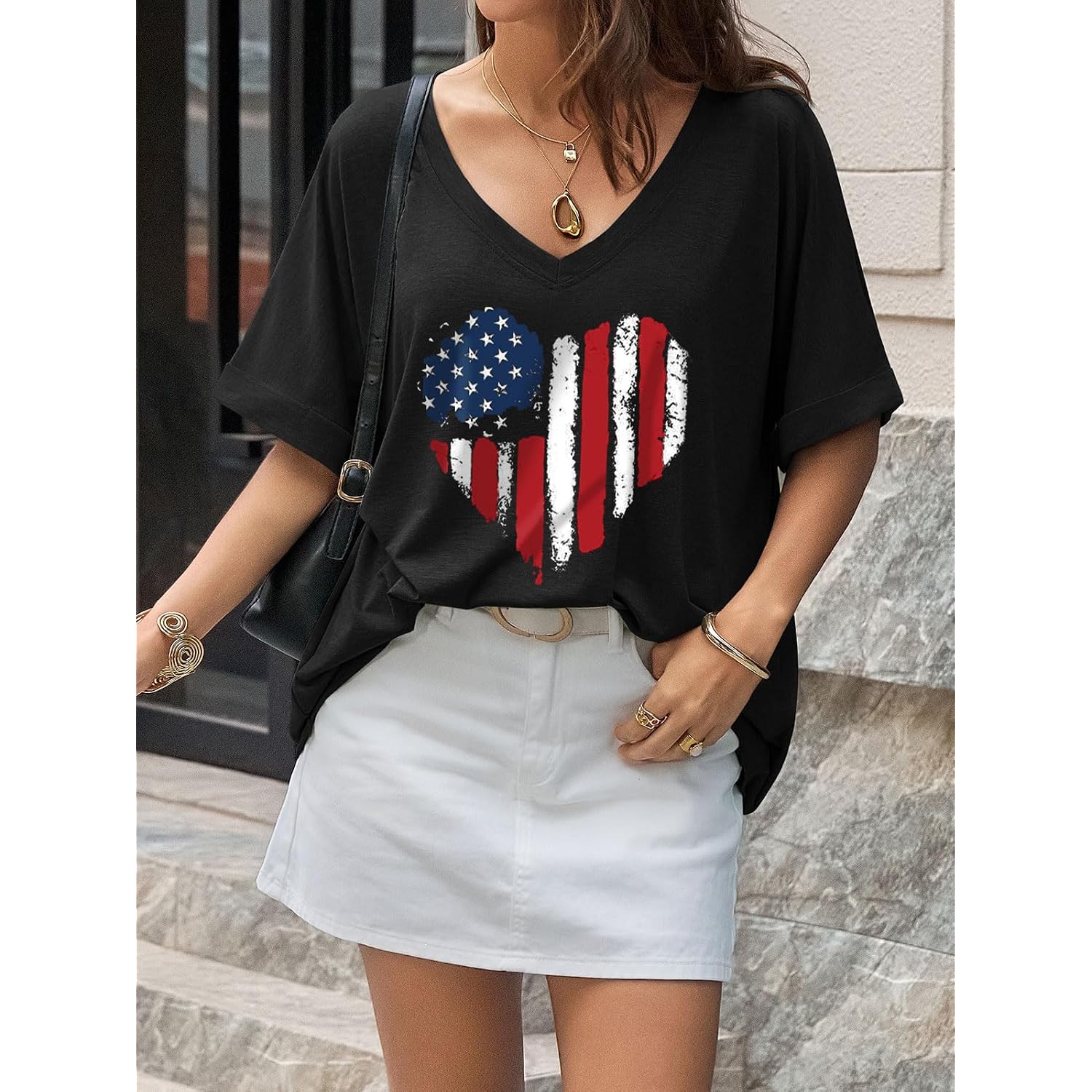 UNCLECAT Women's V Neck Oversized T-Shirts Summer Short Sleeve Shirts Loose Casual Tops Tee