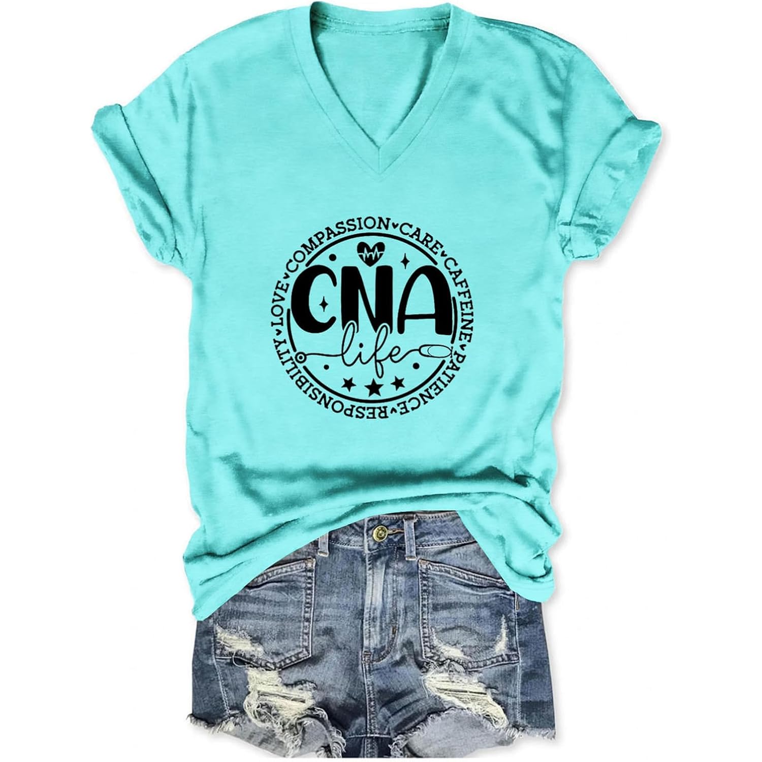 Nurse V Neck T Shirts for Women, Certified Nursing Assistant CNA T-Shirt, Casual CNA Life Short Sleeve Tops Aqua Blue