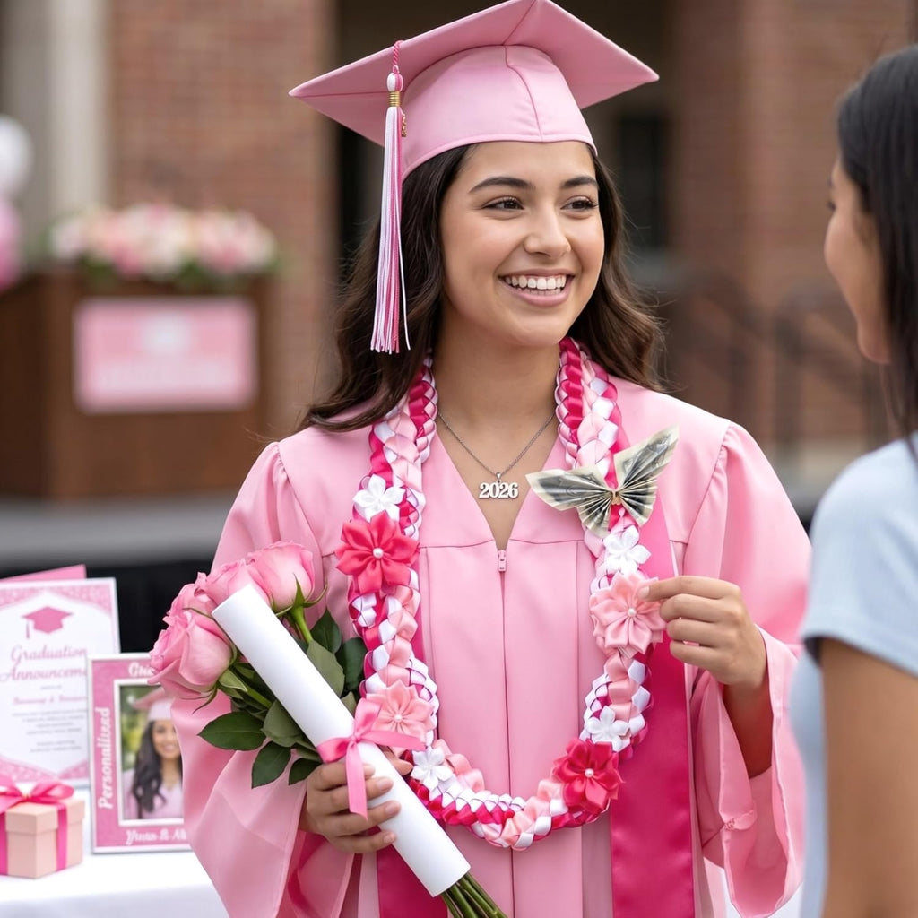Lyrow 50" Graduation Lei 2026 Double Braided Graduation Ribbon Money Lei with 4 Satin Flower Handmade Grad Necklace Class of 2026 Grad Gift Accessories for Men Women