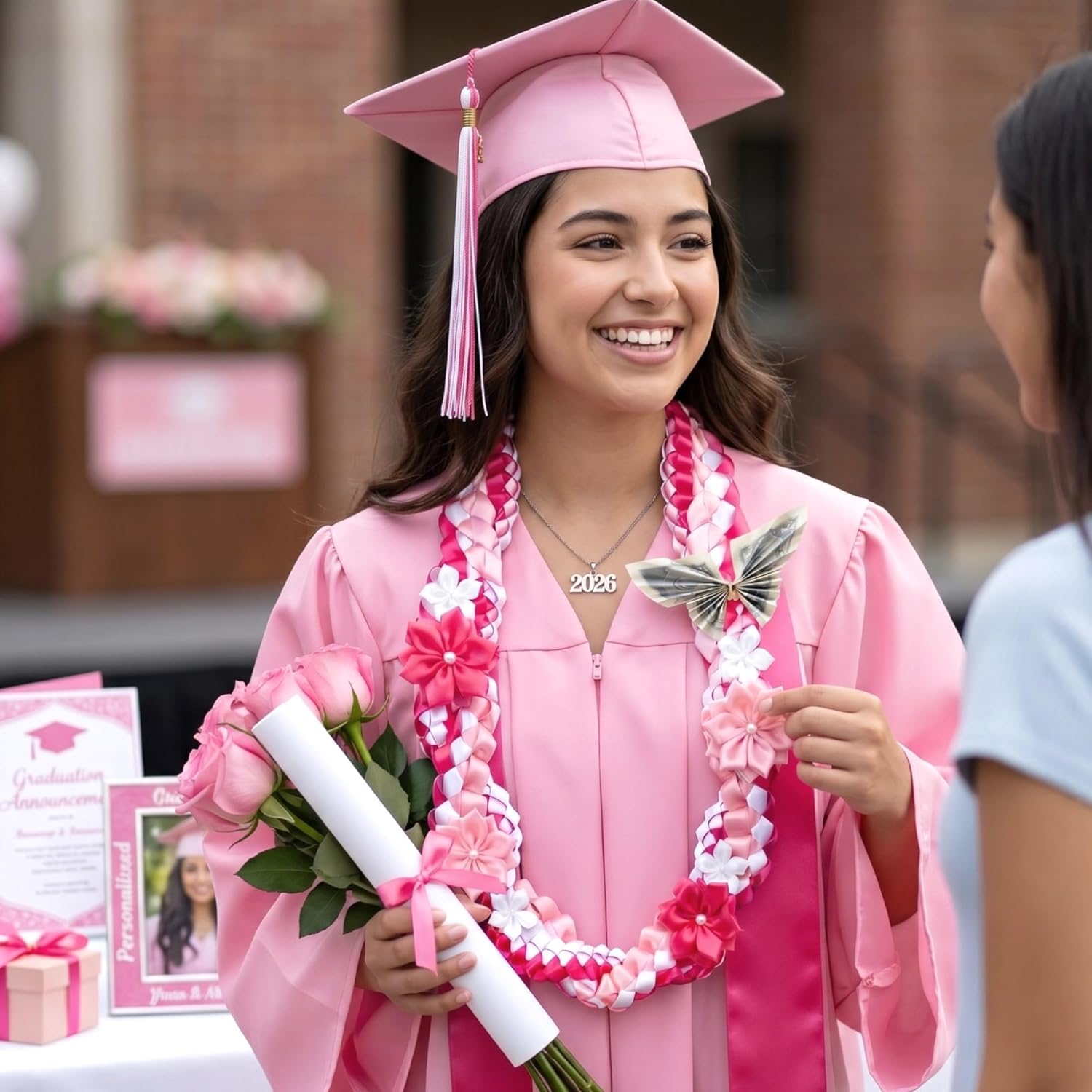 Lyrow 50" Graduation Lei 2026 Double Braided Graduation Ribbon Money Lei with 4 Satin Flower Handmade Grad Necklace Class of 2026 Grad Gift Accessories for Men Women