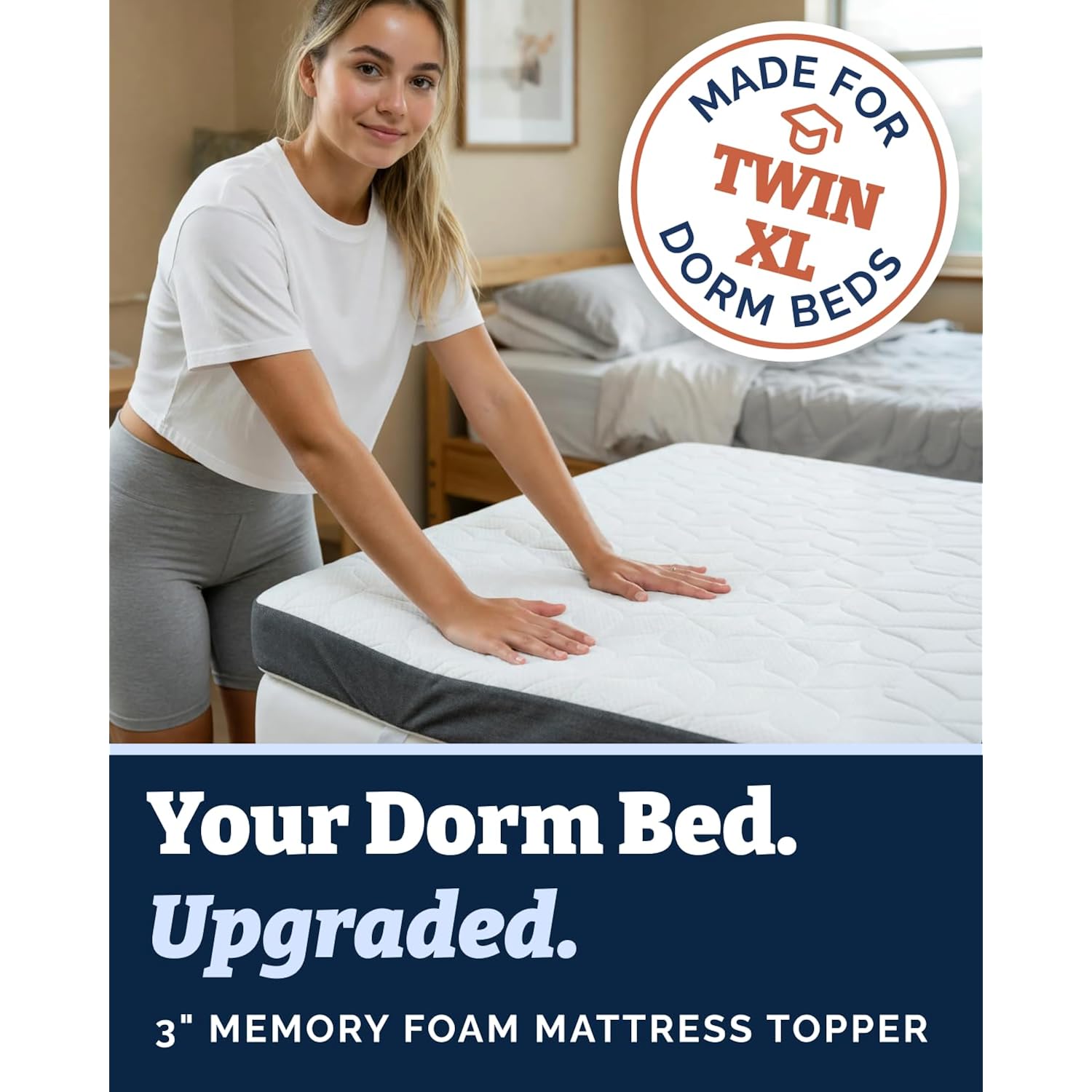 Memory Foam Mattress Topper & Cooling Cover - Dorm Room Essentials - 3 Inch