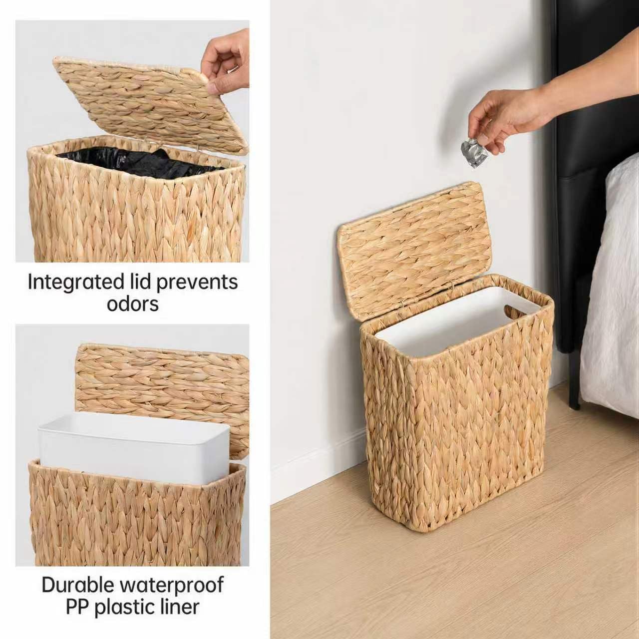 3 Gallon Wicker Trash Can,Small Bathroom Trash Can With Lid,Natural Water Hyacinth Wicker Waste Basket For Bedroom,Toilet,Narrow Garbage Can With Removable Liner