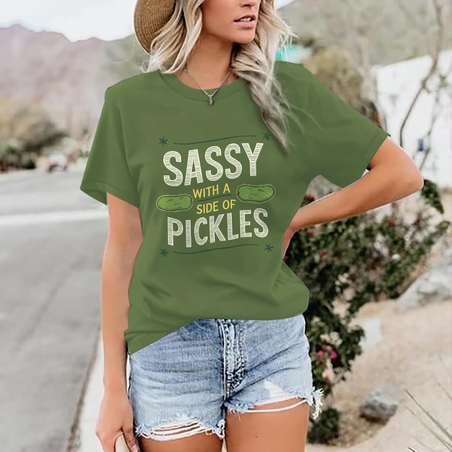 Pickle Shirt Funny Shirts for Women Graphic with A Side of Pickles Tee Cucumbers Short Sleeve Cotton Tops Army Green