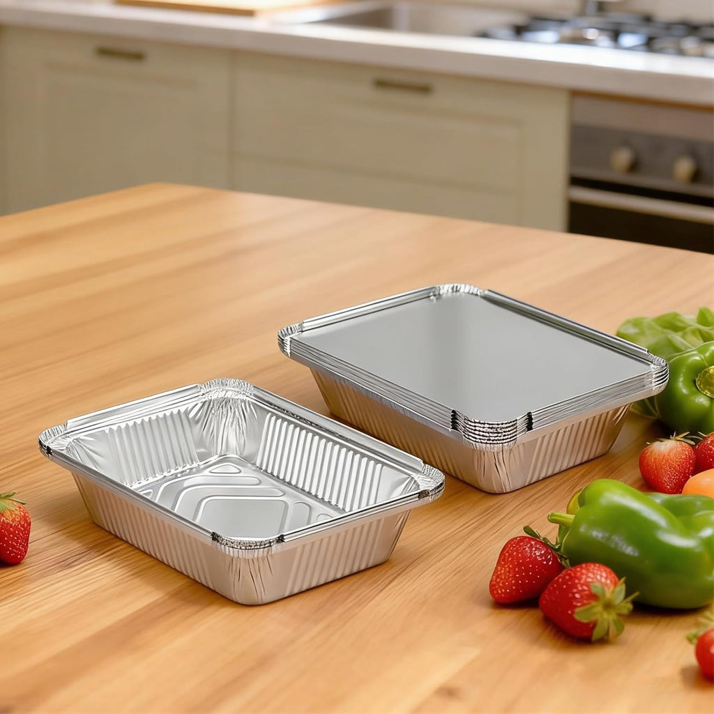Aluminum Pans with Lids (60 Pack, 8.5"×6") 2.25 LB Capacity Foil Pans with Lids - 60 Pans and 60 Cardboard Covers - Disposable Food Containers Tin Foil Pans for Baking, Meal Prep,Storage and Freezer