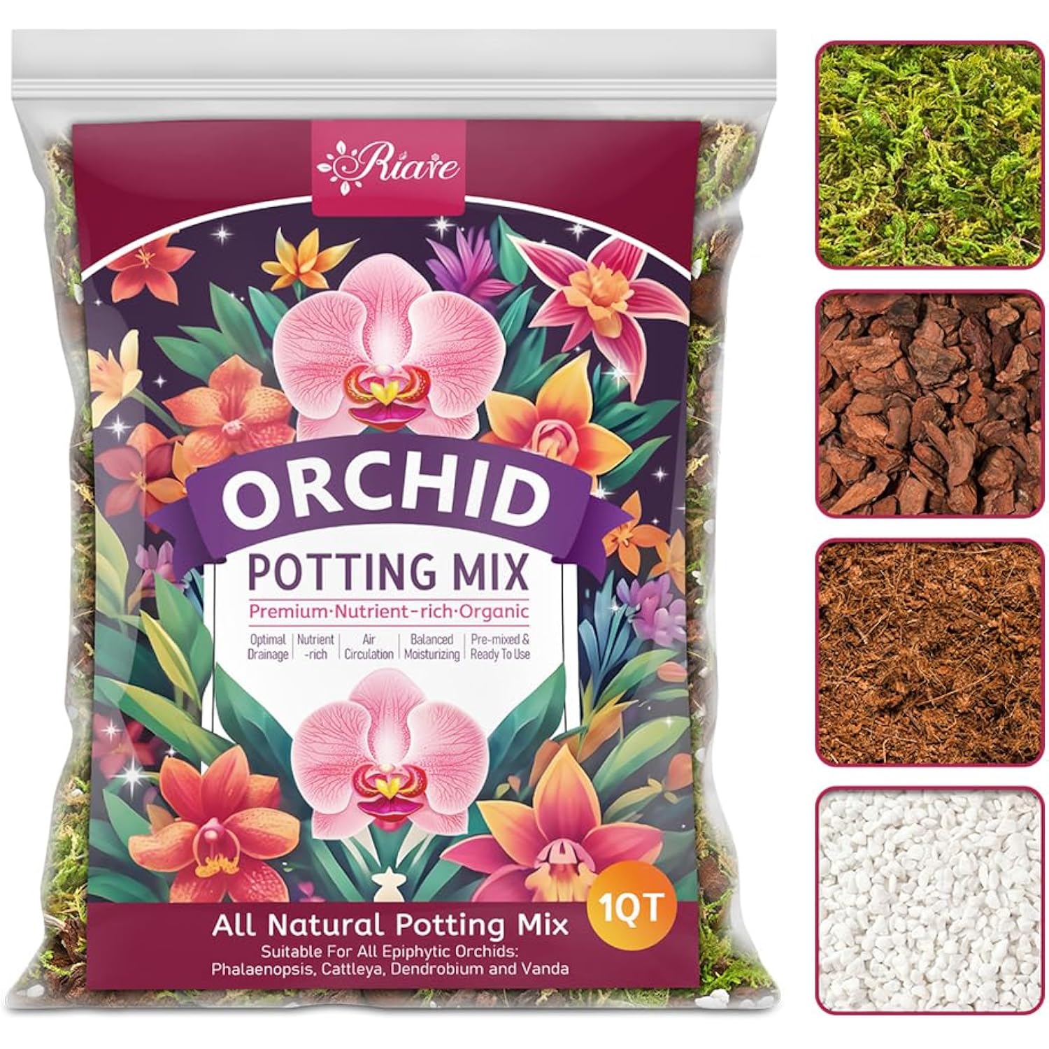1Qt Orchid Potting Mix For Repotting- Orchid Repotting Kit Include Moss, Pine Bark, Perlite, Coco Peat- Premium Orchid Soil Medium For Indoor Potted Plants Root Ventilation & Expanding