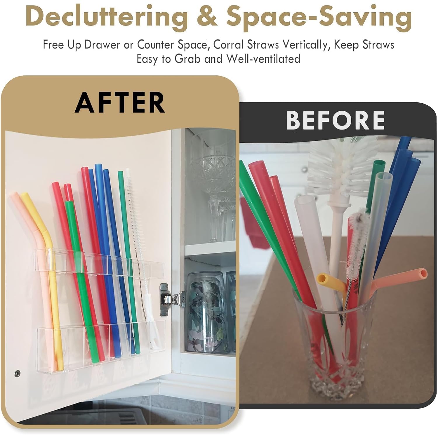 Acrylic Straw Holder For Cabinet Door - Child-Safe Organizer & Dispenser With Smooth Rounded Edges For Kitchen Accessories Storage, Adhesive Circles Included (Clear Transparent)