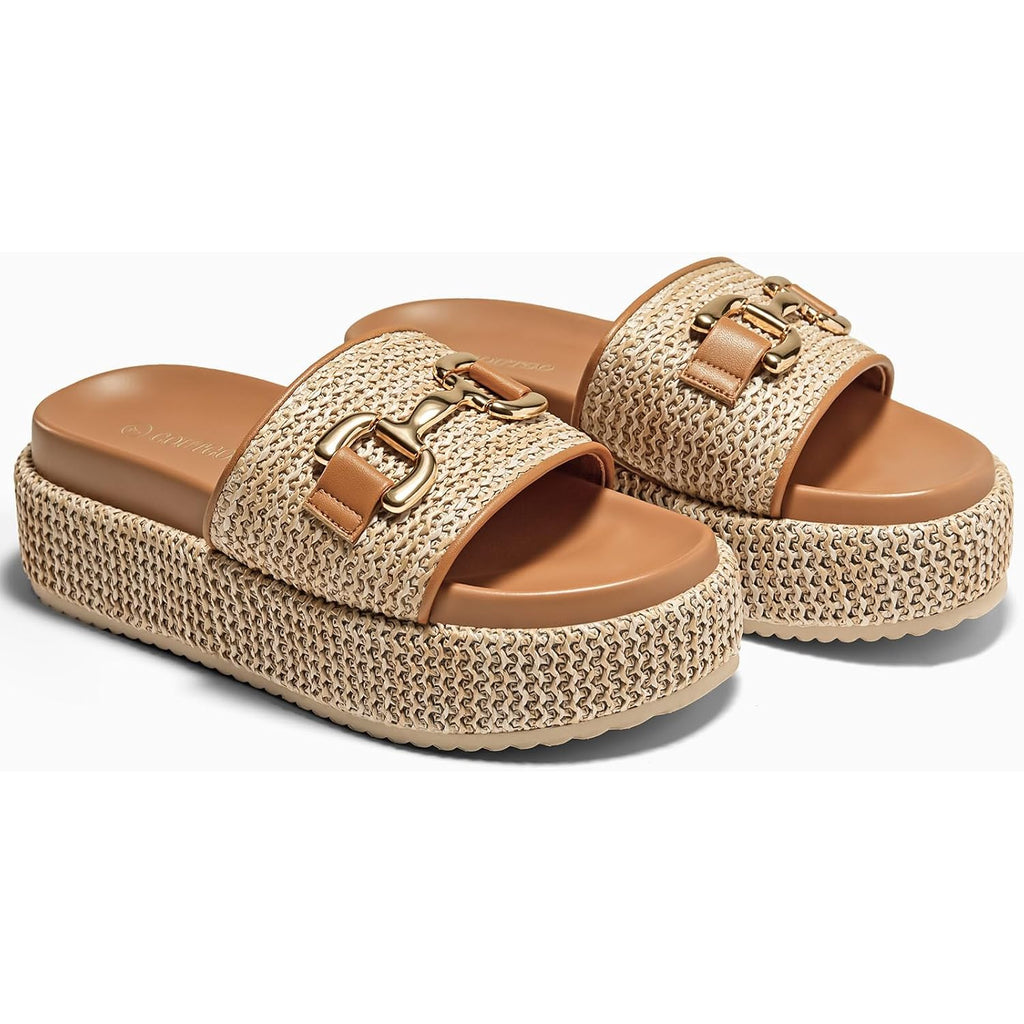 Coutgo Womens Platform Sandals Raffia Espadrilles Metal Chain Slip On Open Toe Cute Beach Slide Sandals