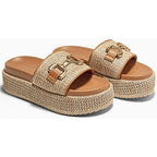 Coutgo Womens Platform Sandals Raffia Espadrilles Metal Chain Slip On Open Toe Cute Beach Slide Sandals