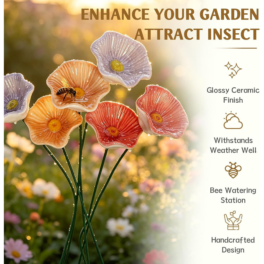 Handmade Ceramic Bee Watering Station, Mini Flower Pollinator Water Feeder, Weatherproof Butterfly Bird Bath Stake Decor For Patio Lawn Balcony Potted Plant Outdoor Garden-6Pcs-G