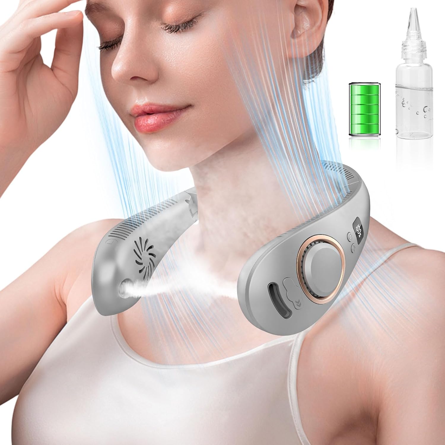 Neck Fan With Mist,Foldaway Neck Fan With Mist,Personal Fan For Neck Wearable Hanging Around,Cordless Neck Coolers For Female Male Kids Dad Mom Extremely Hot Weather Light Blue