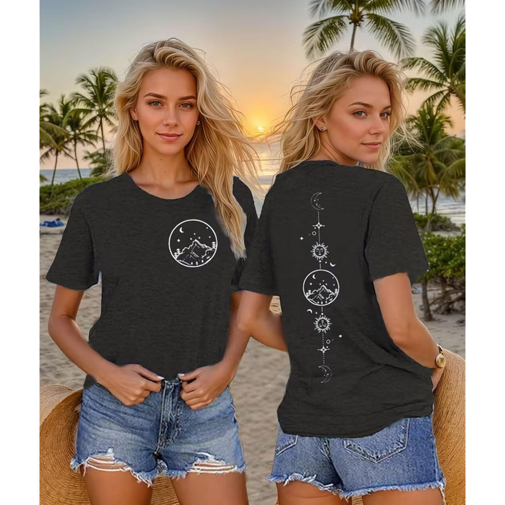Moon and Sun Shirts Women Vintage Graphic Tshirt Mountain Hiking Short Sleeve Vacation T-Shirt Tops Grey