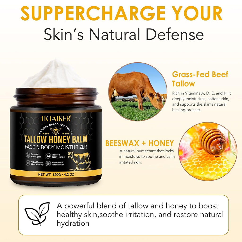 Beef Tallow For Skin, Beef Tallow For Face, Hydrating Tallow Balm With Raw Honey And Beeswax, Grass-Fed Beef Tallow & Raw Wild Honey Blend, Body & Face Moisturizer, Natural Formula, Light Scent