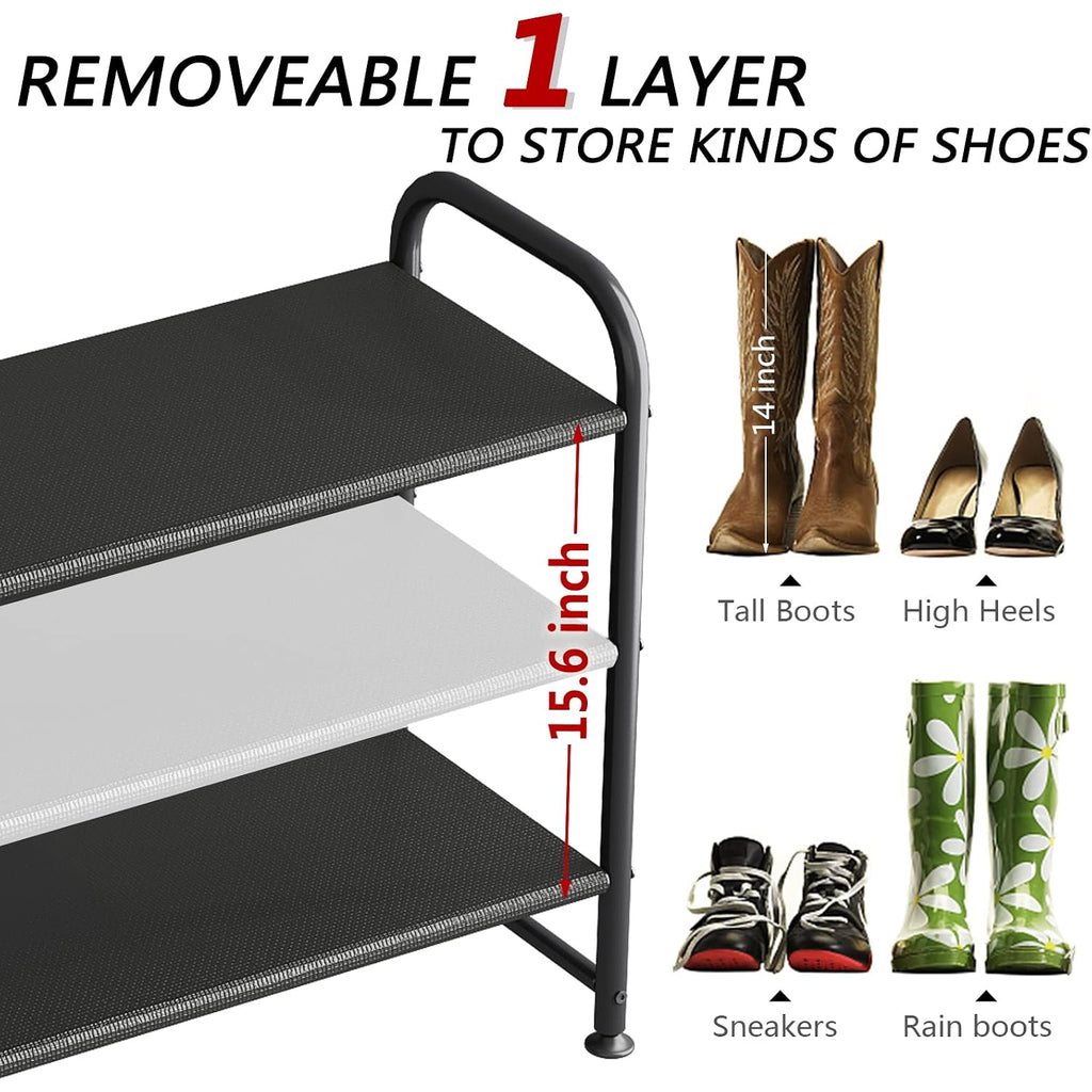 Ingiordar Shoe Rack 3 Tier Long Storage Organizer Wide Metal Shoe Shelf For Closet Entryway Black