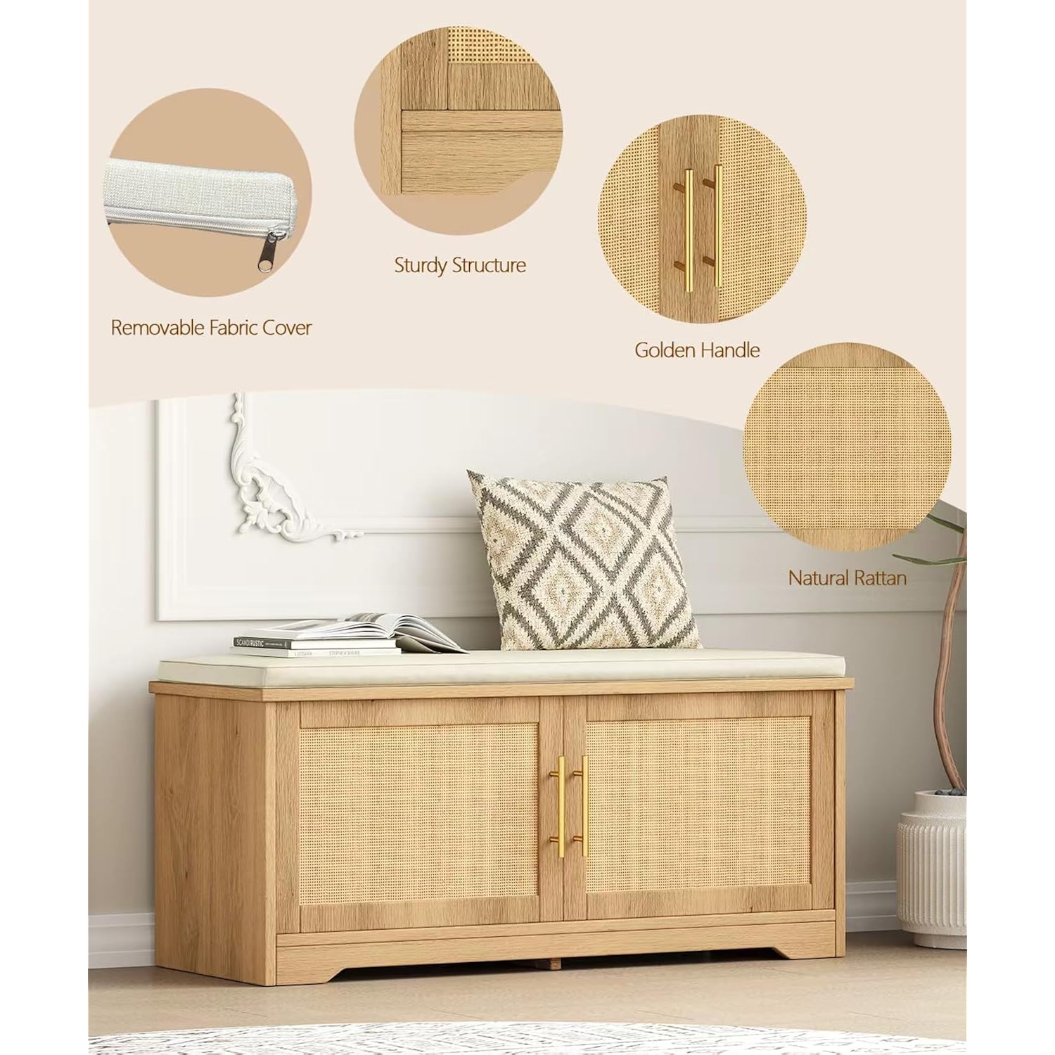 Rattan Shoe Storage Bench, 39.4" Wide Entryway Bench, Natural Oak | Hidden Shoe Organizer Cabinet With Cushion, Shoe Rack Bench With Adjustable Shelves, For Hallway Living Room, Natural Oak