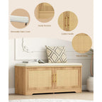 Rattan Shoe Storage Bench, 39.4" Wide Entryway Bench, Natural Oak | Hidden Shoe Organizer Cabinet With Cushion, Shoe Rack Bench With Adjustable Shelves, For Hallway Living Room, Natural Oak