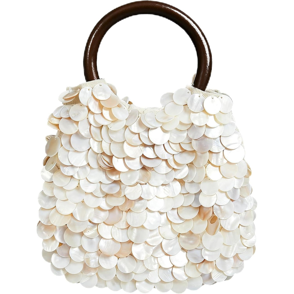 Miuco Shell Clutch Handbag Handmade Natural Seashell Purse with Wooden Handle Shell Beaded Bag for Women Beach Party Vacation