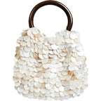 Miuco Shell Clutch Handbag Handmade Natural Seashell Purse with Wooden Handle Shell Beaded Bag for Women Beach Party Vacation