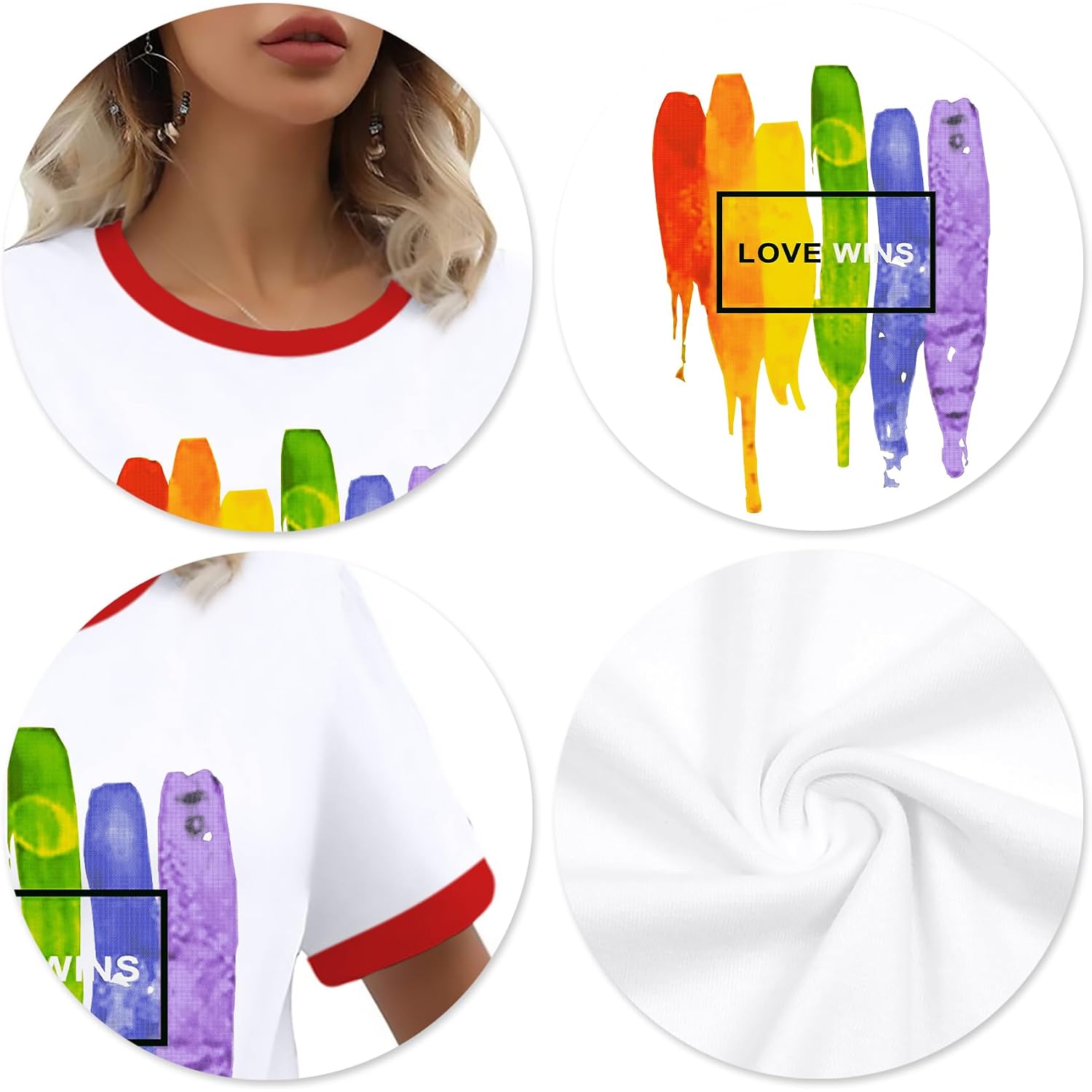VVNTY Pride Shirts Women: LGBT Rainbow Graphic Tee Gay Pride T Shirt Lesbian Casual Red Ringer Tee White-love Wins
