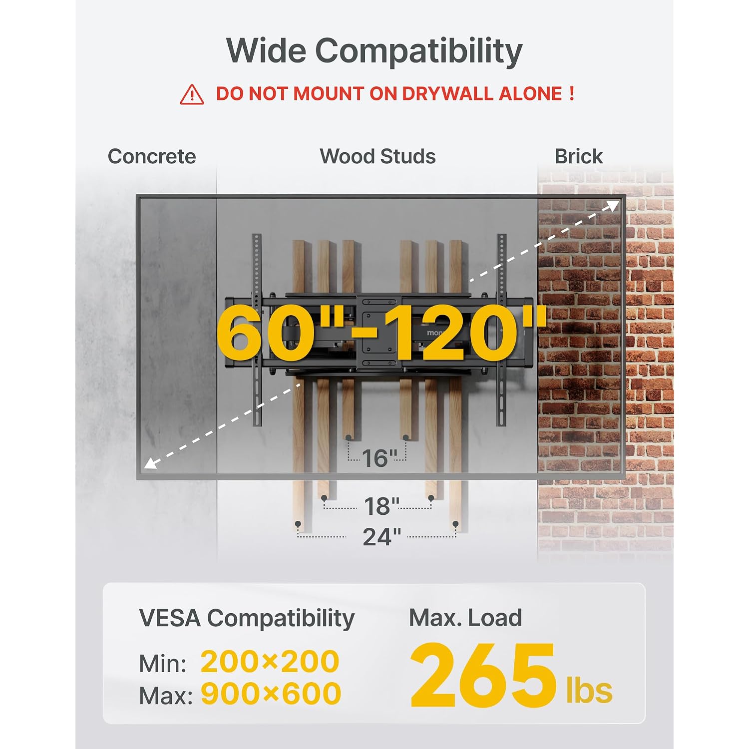 Montek Heavy Duty Xxl Full Motion Tv Wall Mount For 60-120 Inch Extra Large Tvs, Holds 265 Lbs, Max Vesa 900X600, 27.7" Extension, Swivel & Tilt, Preassembled, Fits 12–24" Studs, Led/Lcd/Oled 4K/8K