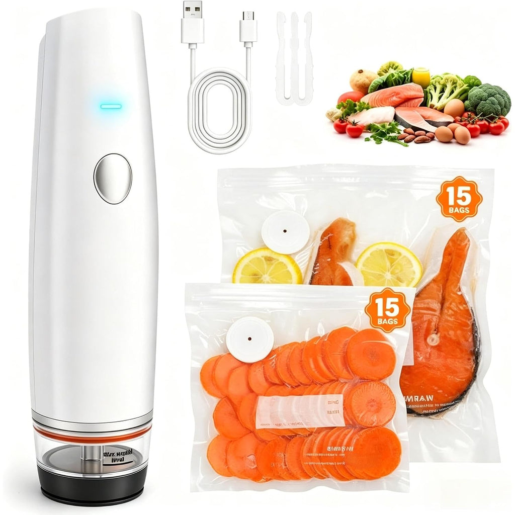 -80Kpa Compact Vacuum Sealer For Food (Vacuum Sealer Machine + 30 Reusable Bags), 1200Mah Rechargeable Handheld Vacuum Sealer Machine Portable Mini Food Sealer For Sous Vide & Meal Prep-Cold White