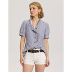 Lomon Button Down Shirts For Women Dressy Casual Puff Short Sleeve Ruffle Blouses Office Tops Work Shirt