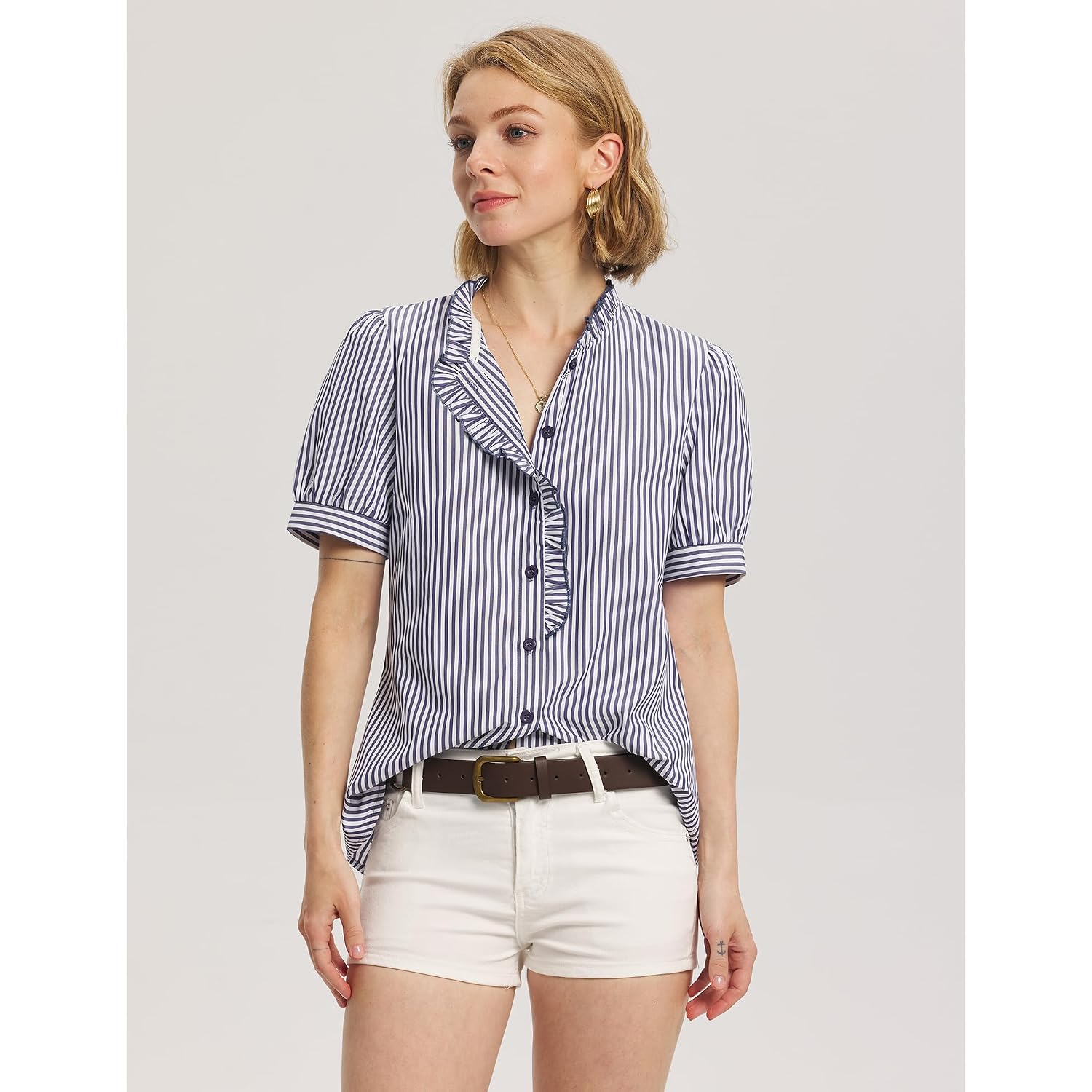 Lomon Button Down Shirts For Women Dressy Casual Puff Short Sleeve Ruffle Blouses Office Tops Work Shirt