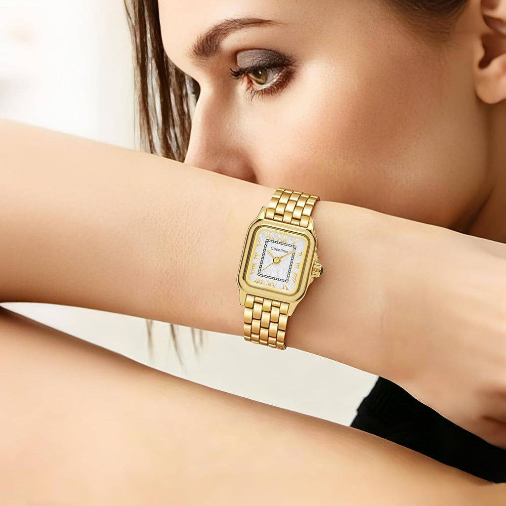 Gold Watches For Women Vintage Rectangular Dainty Jewelry Bracelet Watch Small Wrist Slim Reloj Para Mujer Classic Roman Numeral Dial 3Atm Water Resistant With Link Removal Tool Gift For Her