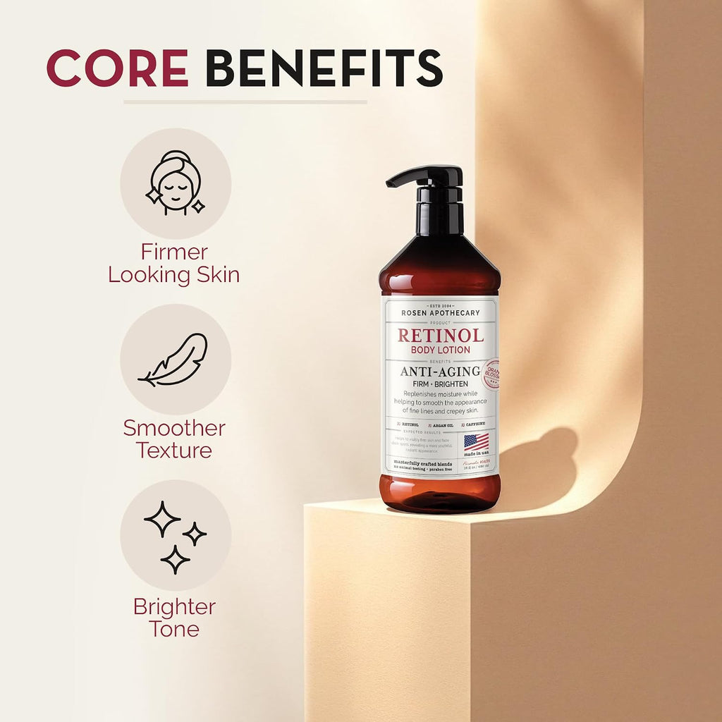 Rosen Apothecary Anti-Aging Retinol Body Lotion For Crepey Skin, Caffeine Firms & Tightens Aging Skin, Boosts Collagen, Restores Youthful Glow, 480Ml