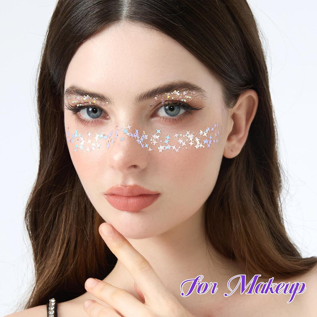 Teenitor Body Glitter With Face Gems Stickers Set, 12 Pots Iridescent White Face Glitter Hair Glitter Gel & 4 Sheets Hair Jewelry For Kids Makeup, Hair Gems & Pearls Mermaid Accessories For Rave