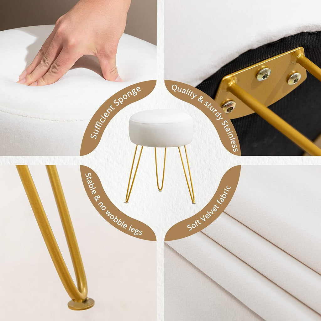 Lue Bona Vanity Stool, White Vanity Stools For Makeup Room, Round Ottoman Foot Stool, Velvet Footrest Vanity Chair For Bathroom Vanity, Bedroom, Living Room, Entryway, Offices
