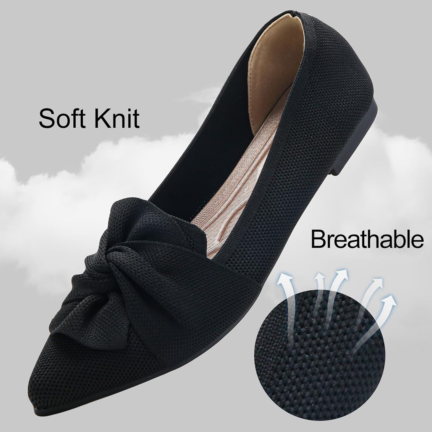 Hiulycence Flats For Womens Pointed Toe Ballet Flats With Bow Comfortable Knit Dressy Flats