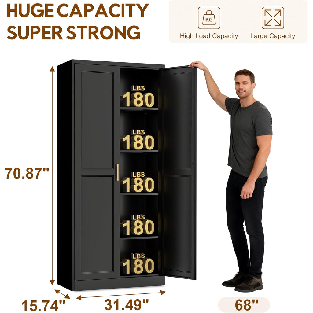 71" Kitchen Pantry Cabinet, Pantry Storage Cabinet With Doors And 4 Shelves, Metal Storage Cabinets For Kitchens, Living Room, Dinning Room, Assembly Required, Black