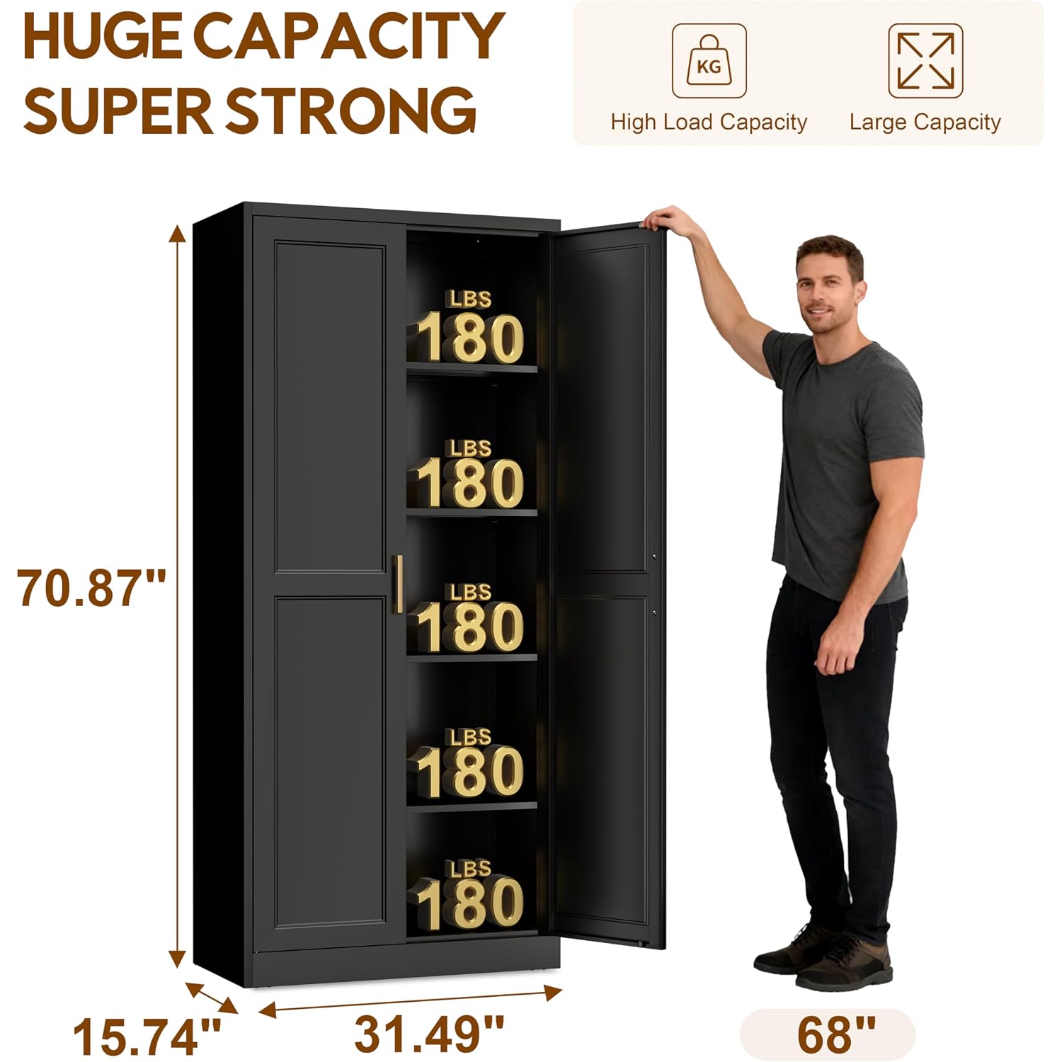 71" Kitchen Pantry Cabinet, Pantry Storage Cabinet With Doors And 4 Shelves, Metal Storage Cabinets For Kitchens, Living Room, Dinning Room, Assembly Required, Black