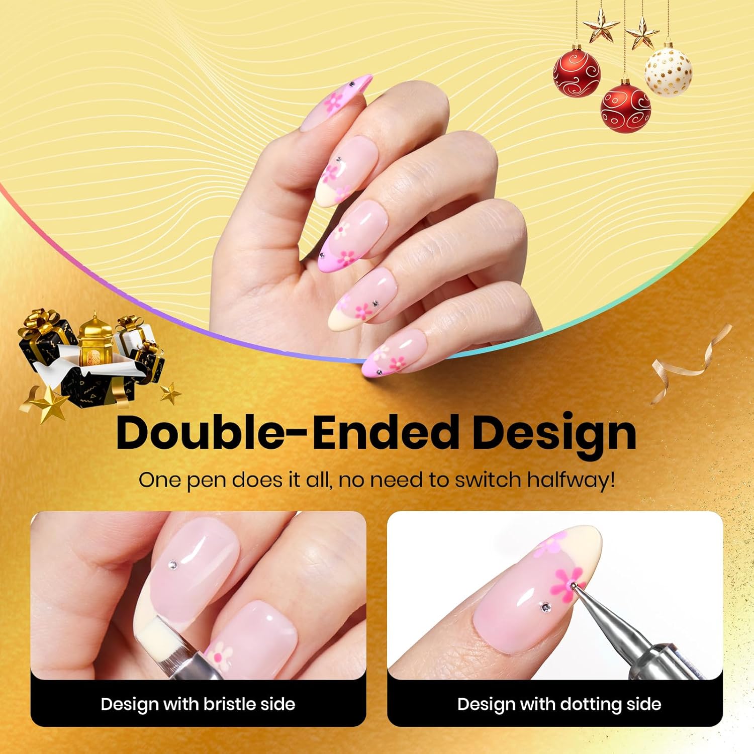 Beetles Nail Art Brushes 8pcs – Crystal Nail Art Tools 5pcs Double-headed Nails Dotting Tool, 3pcs Striping Liner Brushes for Nails with Pearls Bowknot Stickers, DIY Home Salon Manicure Design Tools