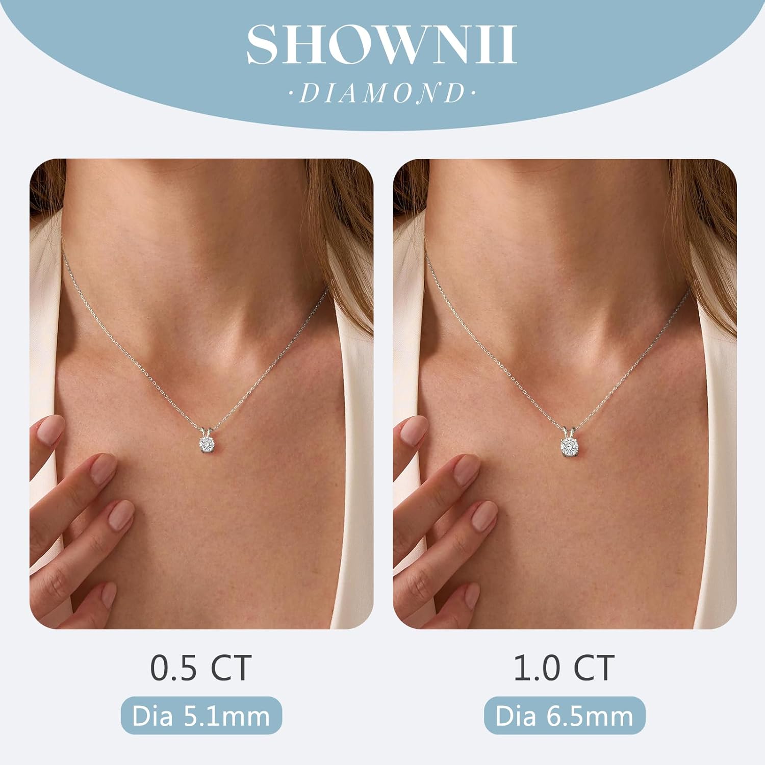 shownii Diamond Necklace Certified LAB GROWN Round Diamond Solitaire Necklaces for Women 0.5-1CT 14K Gold Plated Sterling Silver 4 Prong Solitaire Pendant Jewelry (I-J Color, SI1-VS2 Clarity)
