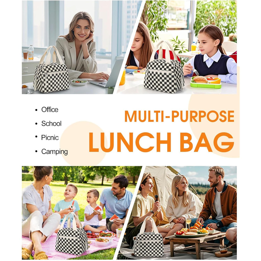 Corduroy Lunch Bag,Small Insulated Lunch Box For Women Men | Reusable Lunchbag,Cute Lunch Tote Bag,Lunchbox For Work,Corduroy Black Checkered