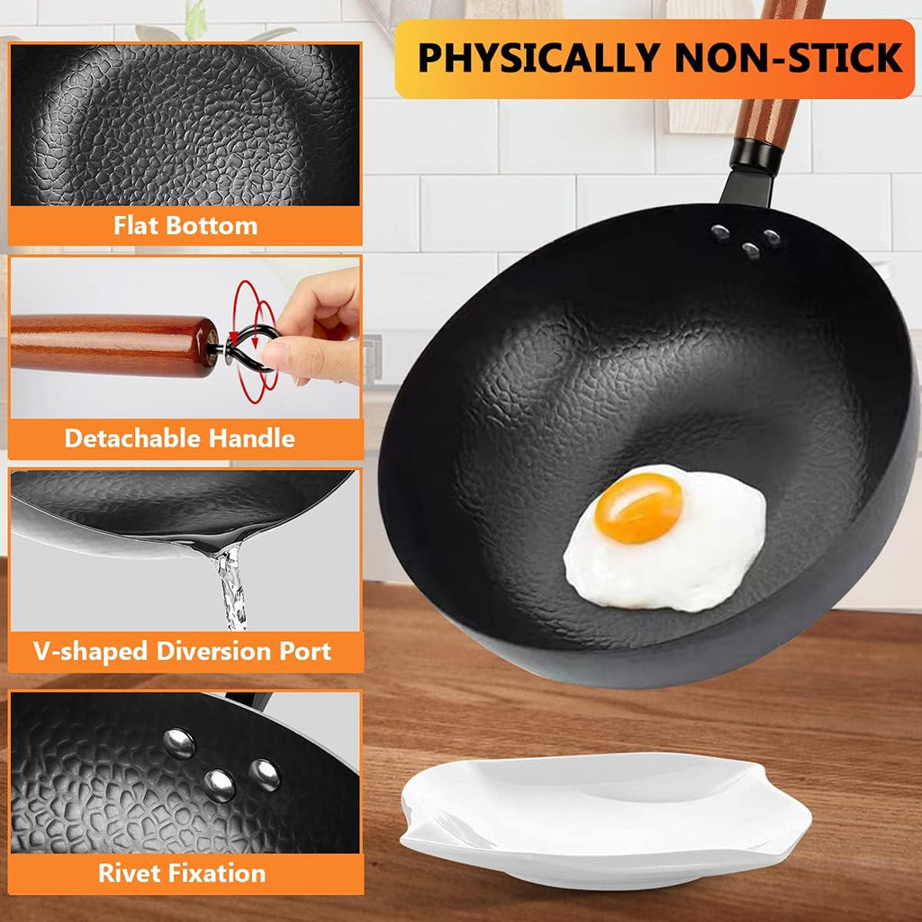 14 Piece Carbon Steel Wok Pan, Woks & Stir-Fry Pans Set With Wooden Lid Cookwares, No Chemical Coated Flat Bottom Chinese Pan For Induction, Electric, Gas, Halogen All Stoves - 12.6''