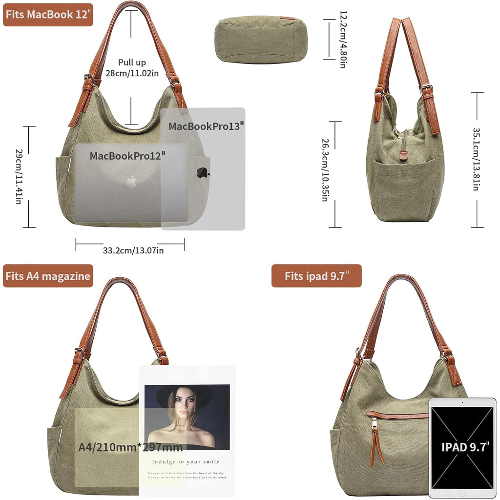 Worldlyda Women Canvas Hobo Purse Multi Pocket Tote Shopper Shoulder Bag Casual Top Handle handbag with Embroidery Ethnic