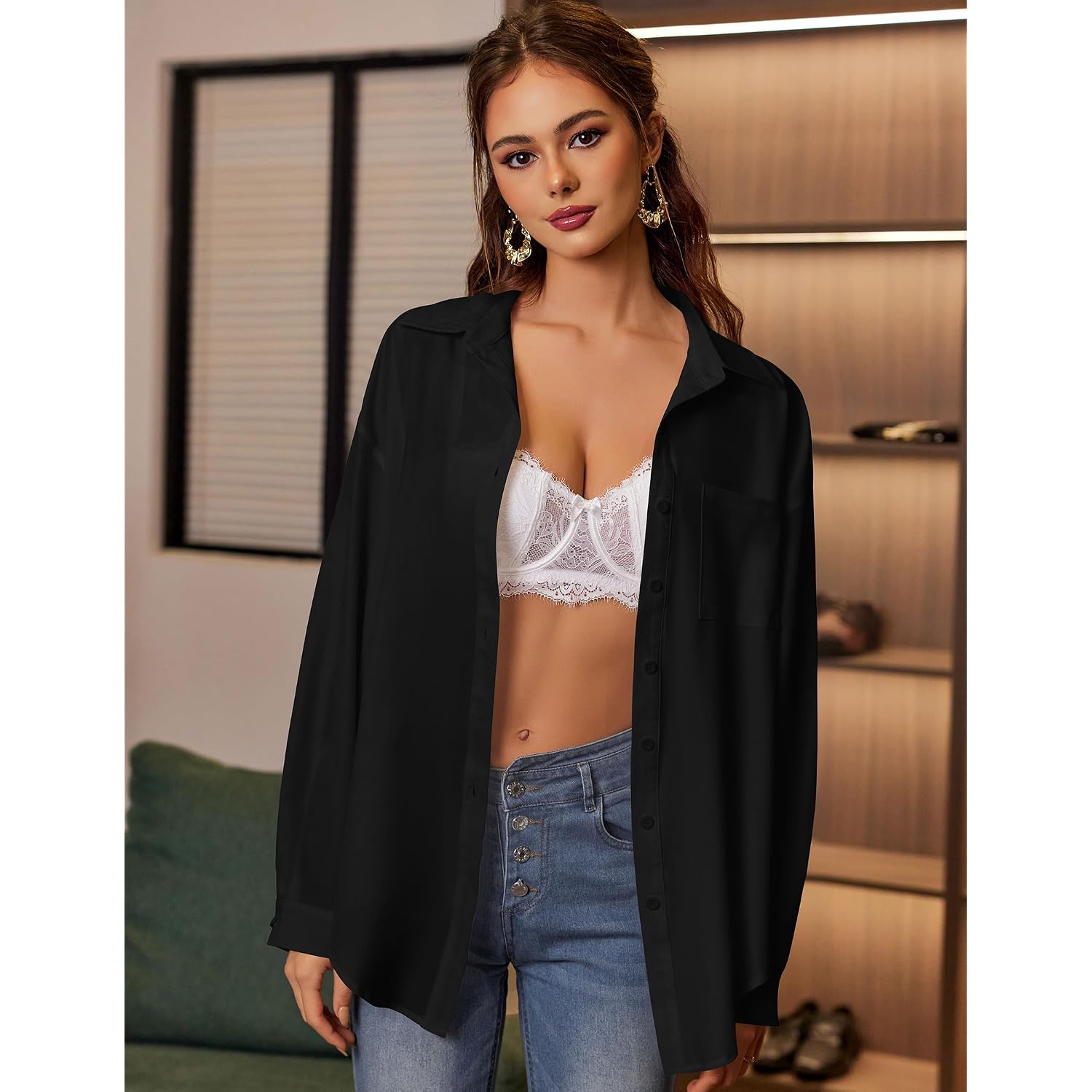 Zeagoo Womens Button Down Shirts Oversized Long Sleeve Floral Printed Blouses Casual Work Tops Drop Shoulder Outfit Clothes