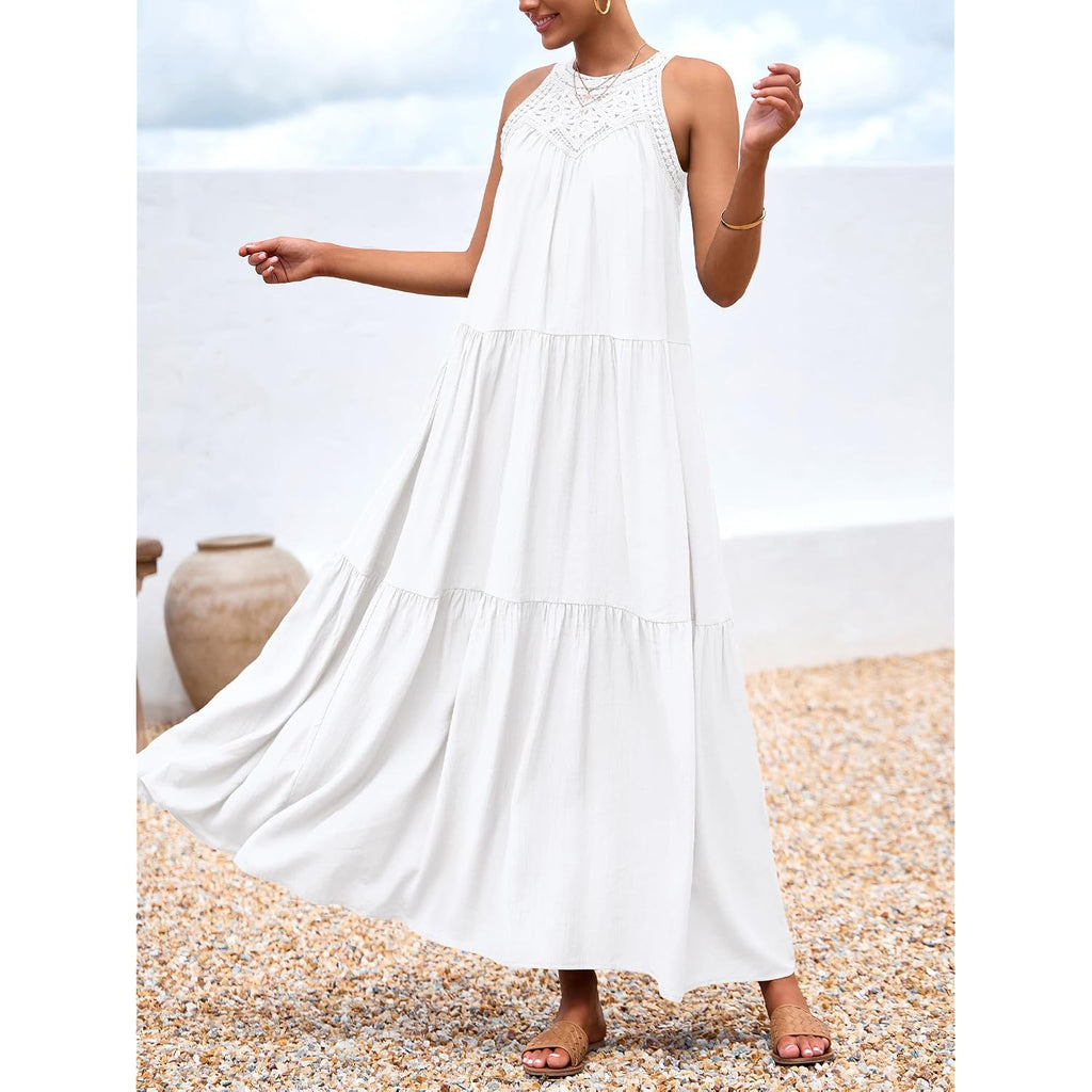 Btfbm Halter Summer Dresses For Women 2026 Casual Spring Hollow Out Sleeveless Boho Sundresses Beach Vacation Maxi Dress