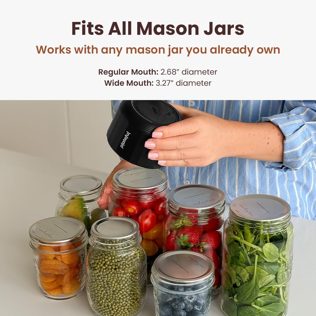 Plateful Electric Mason Jar Vacuum Sealer Kit (Lids Included) For Wide Mouth And Regular Mouth Jars, Portable Jar Vacuum Sealer, Canning Machine Food Storage, Includes Lids, Opener, Charger