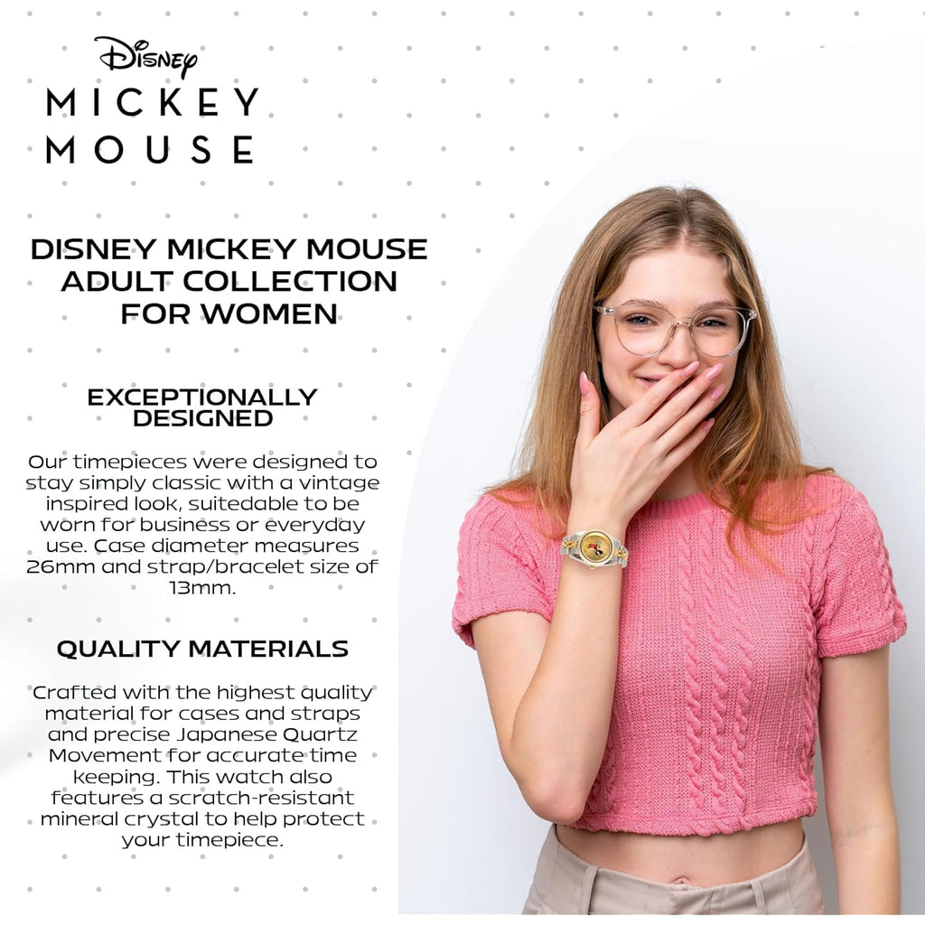 Disney Officially Licensed Mickey Mouse Watch, Stylish & Fun Mickey Mouse Watch For Women, Classic Watches Fans - Women'S Gold Dial Watches With Multicolor Stainless Steel Strap