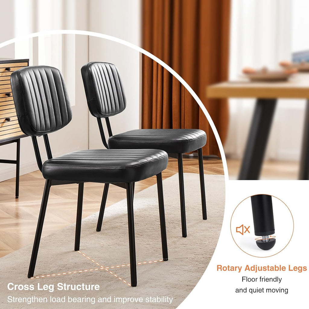 Sweetcrispy Dining Chairs Set Of 2, Upholstered Mid Century Modern Kitchen Accent Chairs With Faux Leather Cushion Seat & Metal Legs For Home Office, Living Room - Black