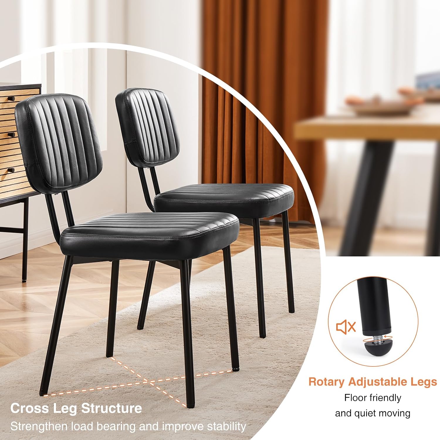 Sweetcrispy Dining Chairs Set Of 2, Upholstered Mid Century Modern Kitchen Accent Chairs With Faux Leather Cushion Seat & Metal Legs For Home Office, Living Room - Black