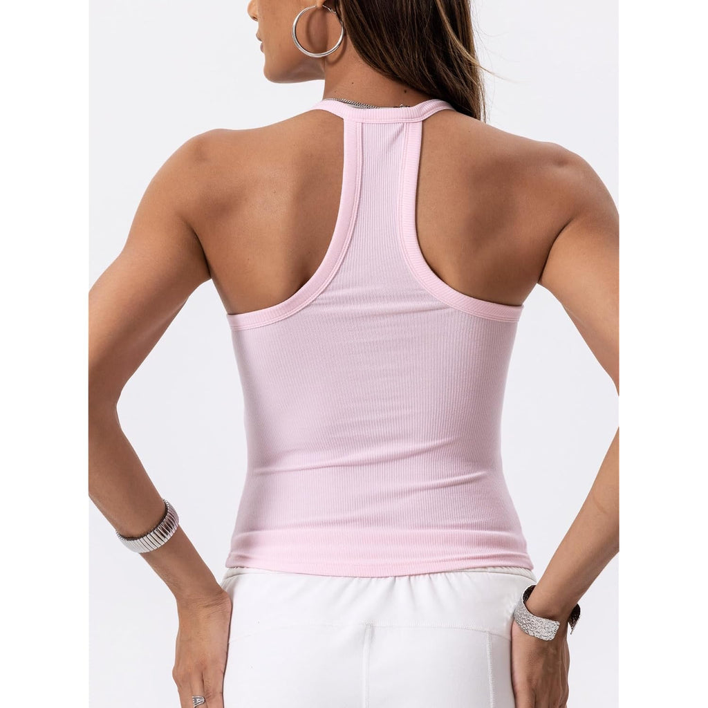 Danysu V Neck Racer Back Tank Top for Women Padded Ribbed Long Tank Fitted Basic Cami Tops