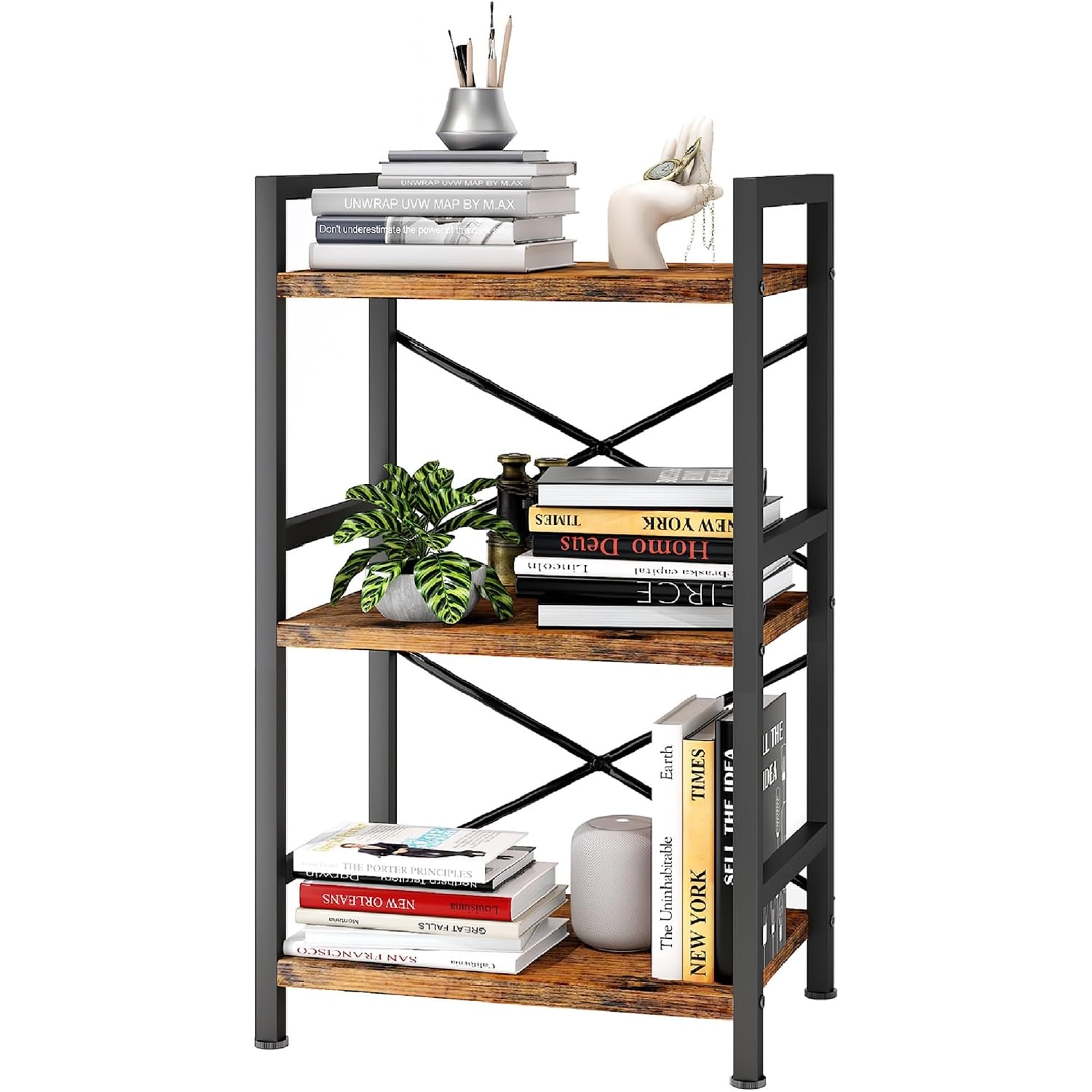 Homeiju Bookshelf, 3 Tier Industrial Bookcase, Metal Small Bookcase, Rustic Etagere Book Shelf Storage Organizer For Living Room, Bedroom, And Home Office(Rustic Brown) Patent Pending D29873033