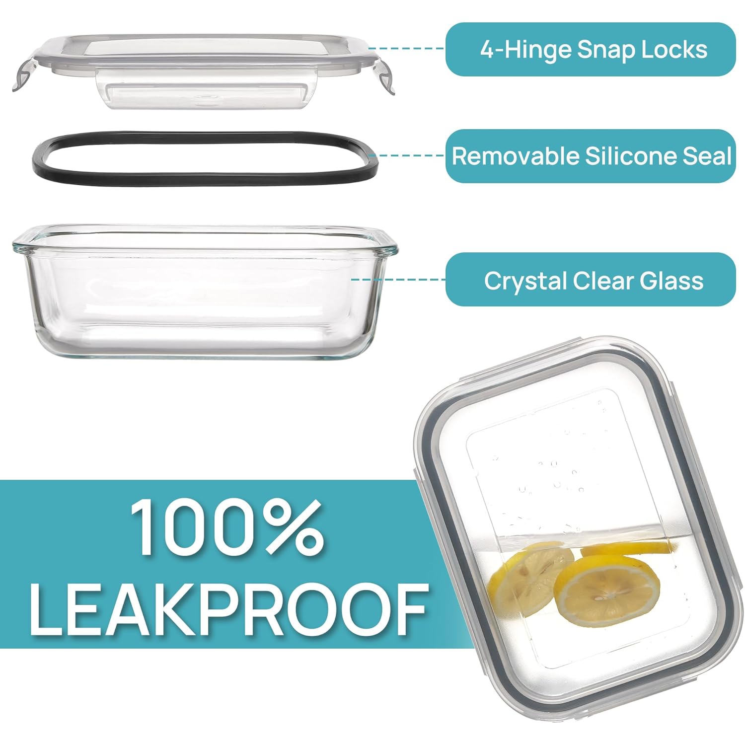 Vtopmart 5Pack 22oz Glass Storage Containers with Lids, Glass Meal Prep Food Container Sets with Snap Airtight Lids for Microwave, Oven, Freezer and Dishwasher, Grey