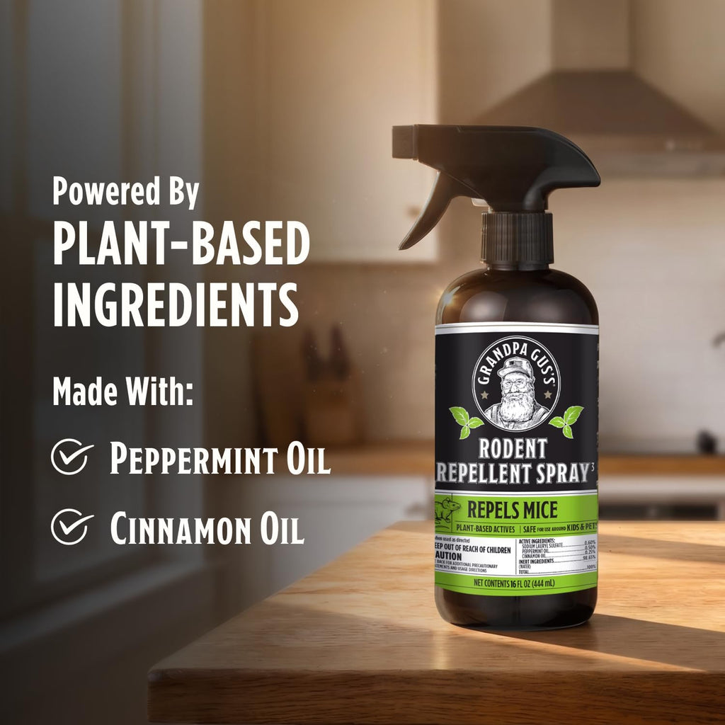 Grandpa Gus'S Rodent Repellent Spray, Natural Peppermint Oil, 16 Fl Oz | Peppermint Oil Spray For Rodents & Mice, Non-Staining Formula, For Cars, Rvs, Garages & Indoor Spaces, Kid & Pet Safe