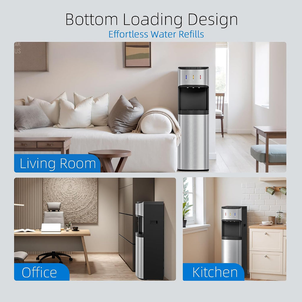 Bottom Loading Water Cooler Dispenser For 3-5 Gallon Bottles, 3 Temperature - Hot, Cold & Room Water With Child Lock, Ideal Design For Home & Office, Satin Silver