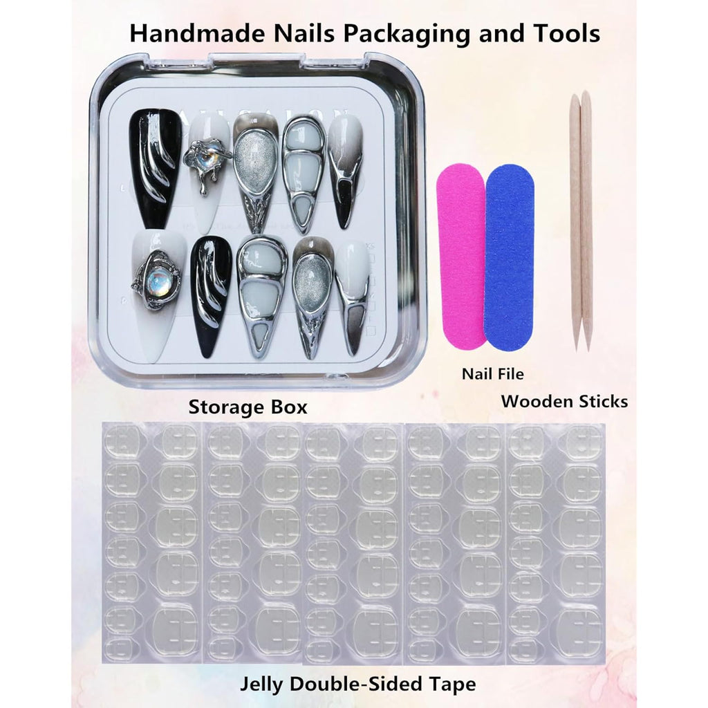 Luxury Handmade Press on Nails Black White Almond Tip Stiletto 3D Chrome Cyber Goth Glossy Long Silvery Fake Nails Rhinestones Reusable Acrylic Nail Tips for Women 10pcs (A70, L)